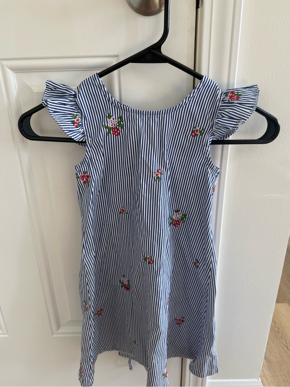 Bonnie Jean Navy & White Striped Dress with Pink Floral Embroidery